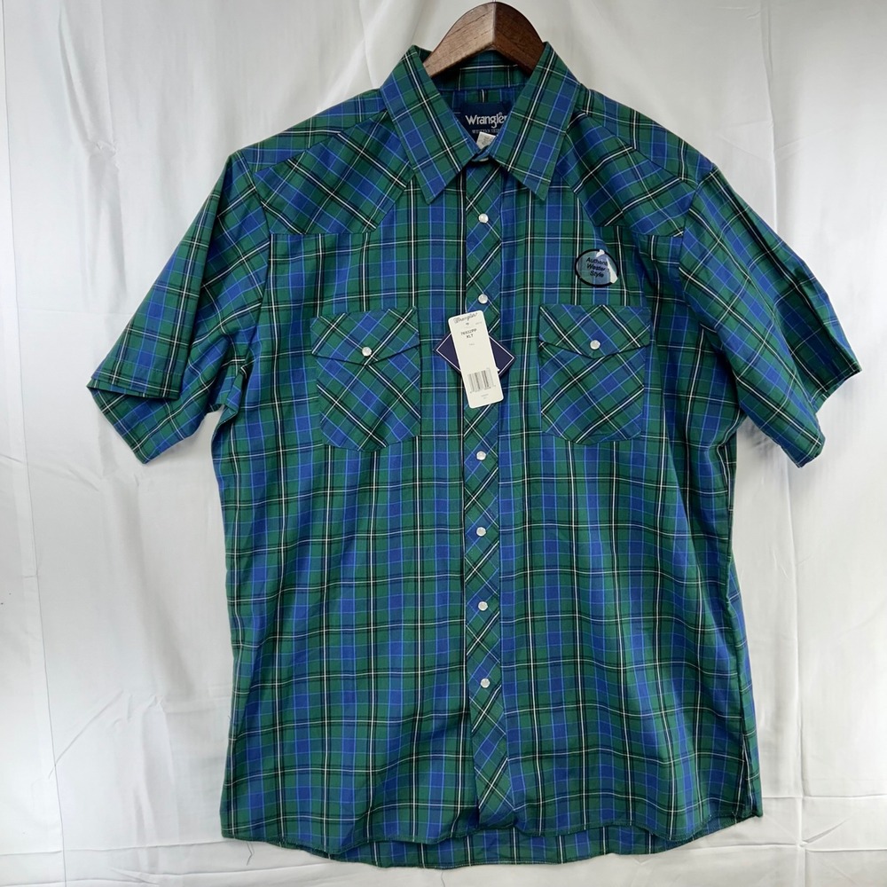 Wrangler Western Shirt Mens XLT Green Blue Plaid Pearl Snap Short Sleeve 76932PP
